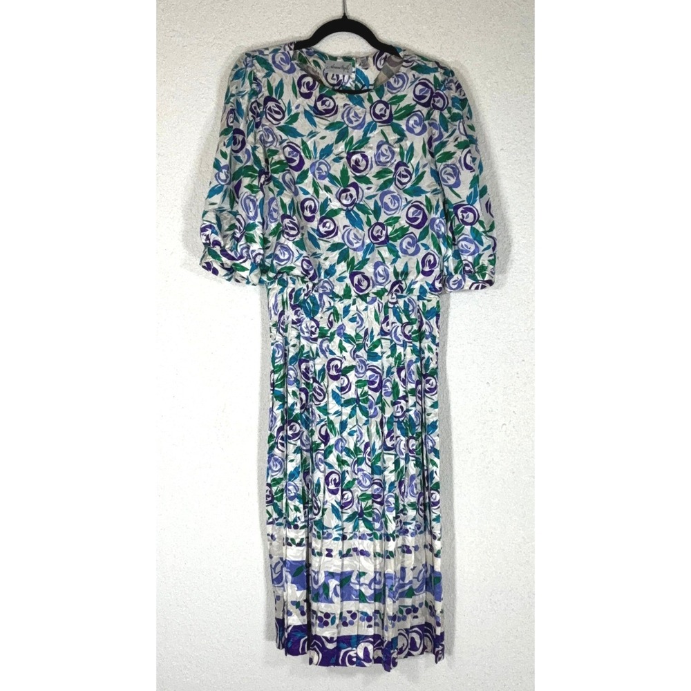Adrianna Papell Purple Floral Silk Dress - 12 - Vintage Rose Pleated Midi Retro